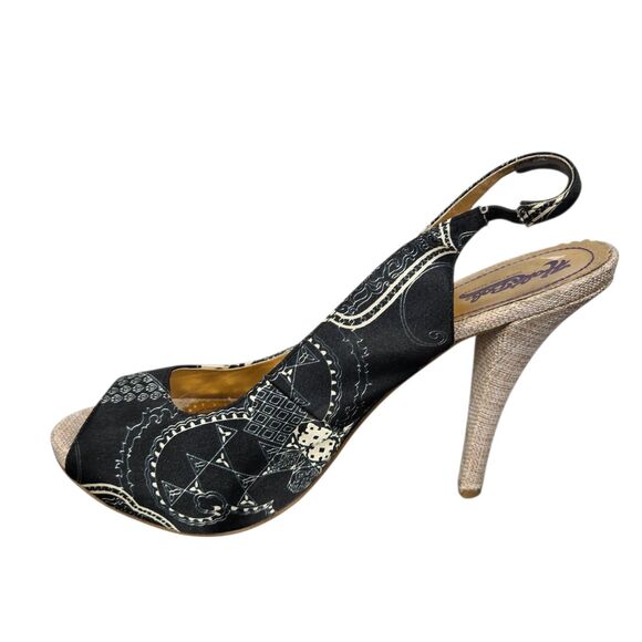 Hale Bob Tan Black Heels Sz 10 M Peep Toe Slingback Leather Outsole - Picture 8 of 16